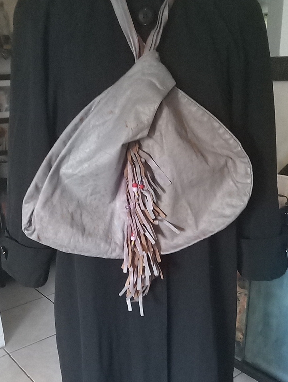 Women’s Purple Blue Leather Hobo Bag with Fringe Detail